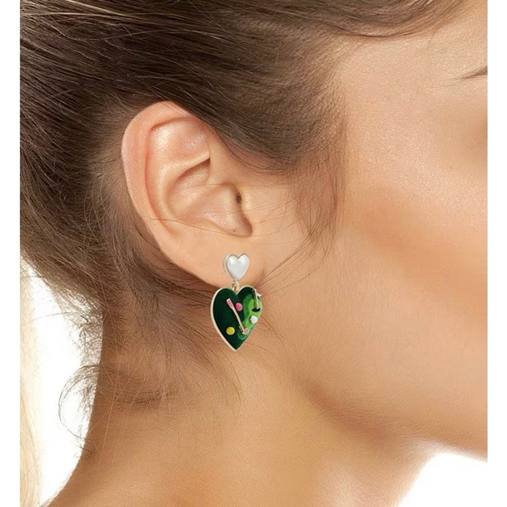 Betsey Johnson Green Heart Golf Motif Drop Earrings with Pearl Hearts - Picture 3 of 3